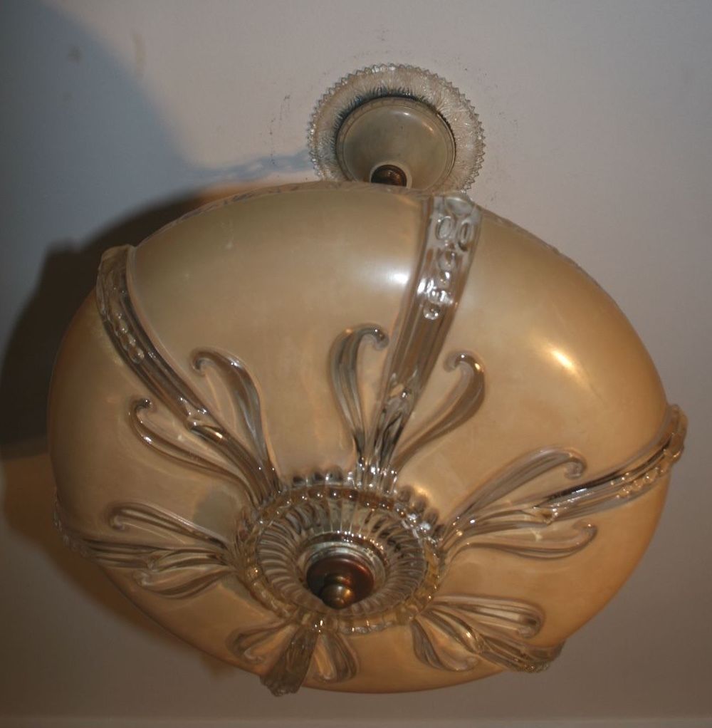 Antique 14" beige tan glass Art Deco light fixture ceiling chandelier original