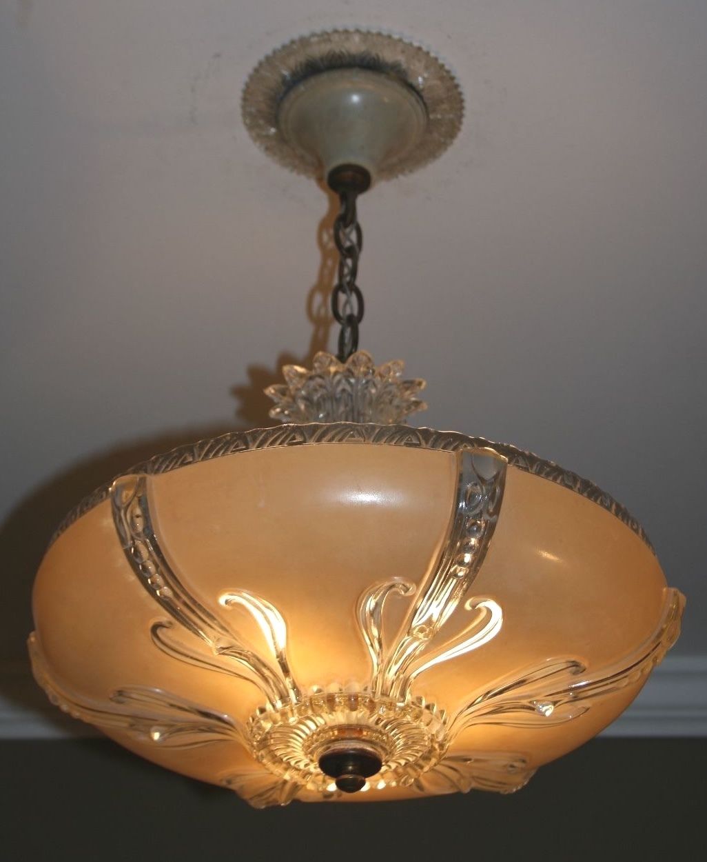 Antique 14" beige tan glass Art Deco light fixture ceiling chandelier original