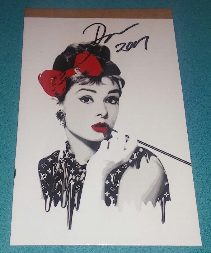 DEATH NYC original signed art mixed media COA cardboard 1/1 Audrey Hepburn faile