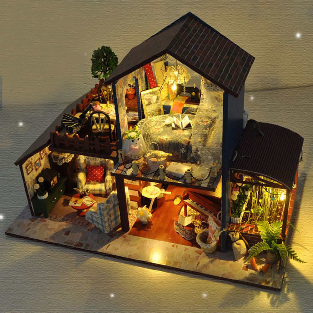 DIY Wood Handmade Dolls House Miniature Kit Set LED Dollhouse Furniture Toy Gift