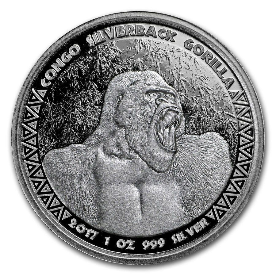 2017 Republic Of Congo 1 oz .999 Silver Silverback Gorilla Round Coin