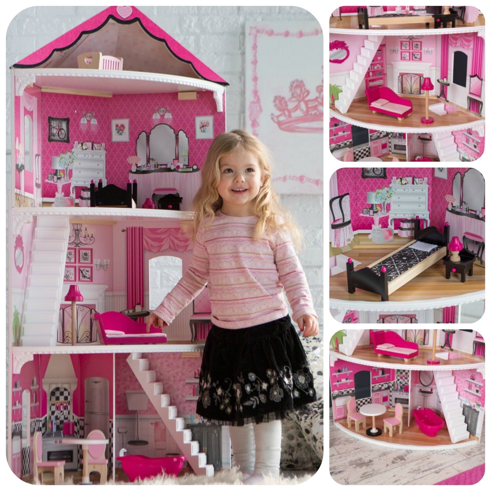 Wooden Dollhouse for Girls Pink Wood Doll House Set Toy with Furniture Kids Play