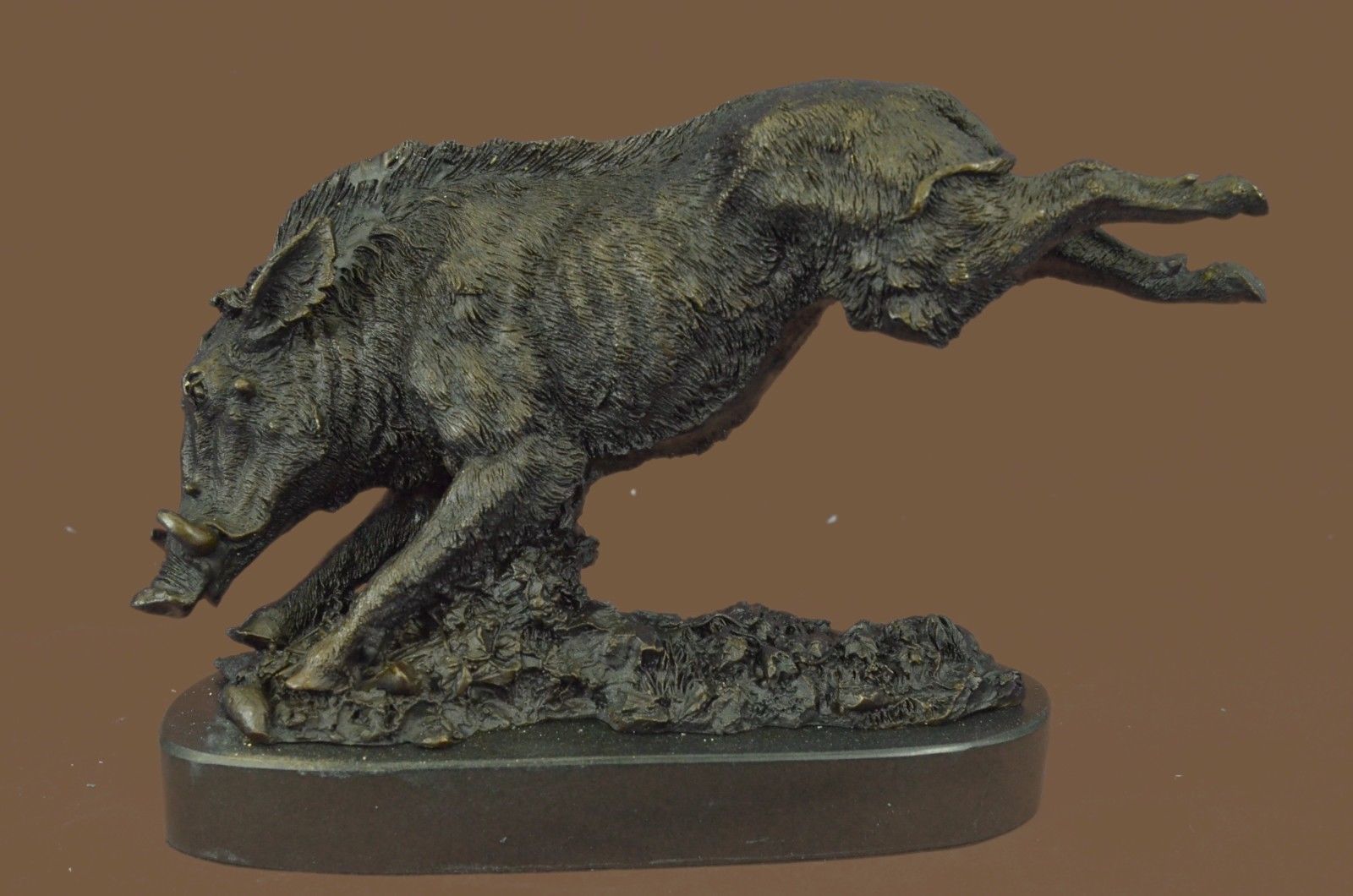 Bronze Sculpture Statue Signed Barye Wild Boar Jumping Marble Base Figurine Art