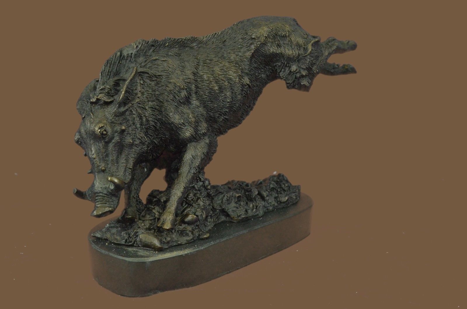 Bronze Sculpture Statue Signed Barye Wild Boar Jumping Marble Base Figurine Art