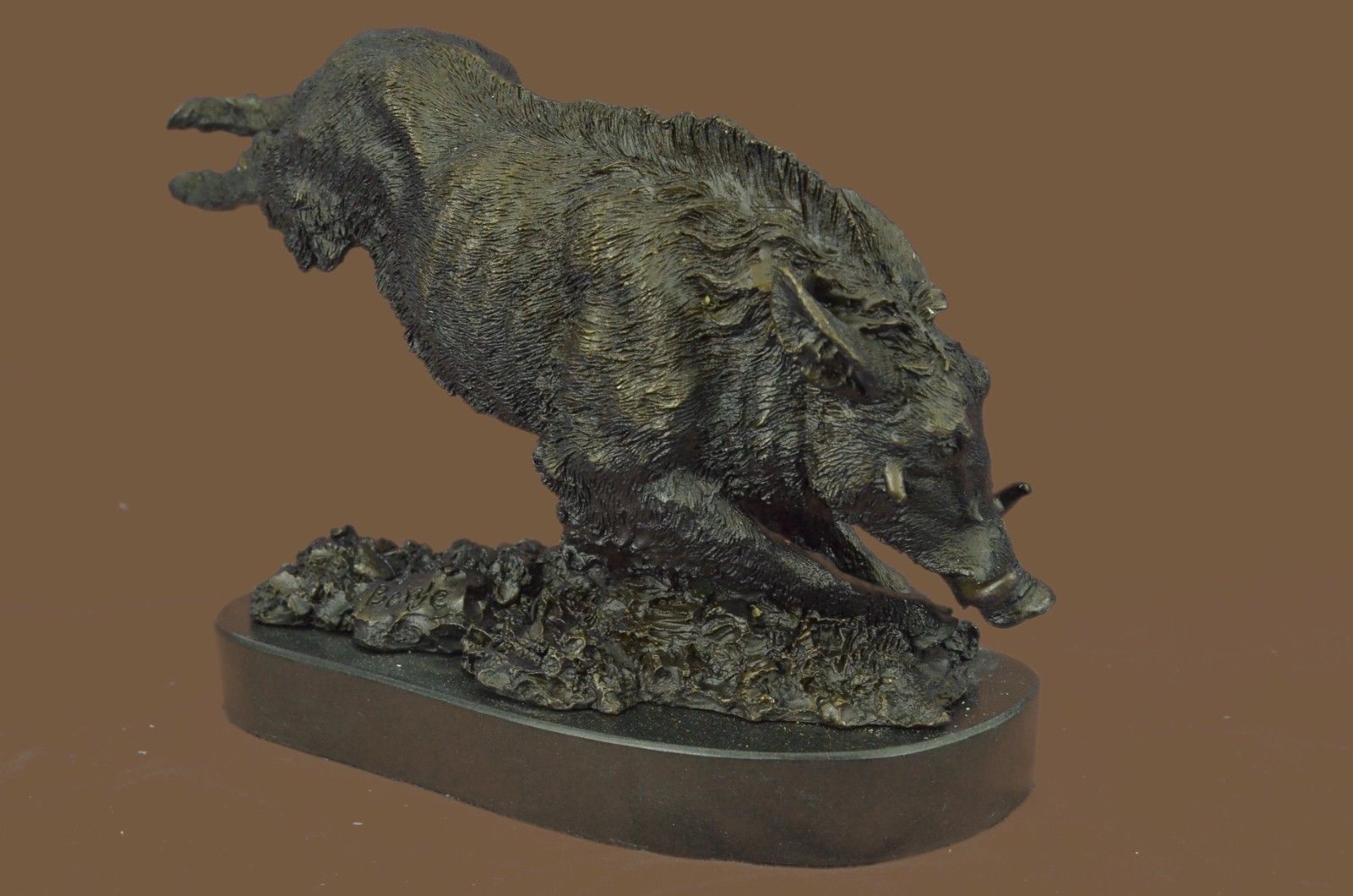 Bronze Sculpture Statue Signed Barye Wild Boar Jumping Marble Base Figurine Art