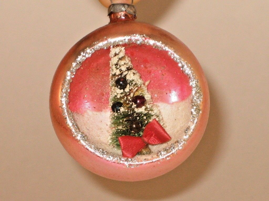 Japan 3D Diorama Bottle Brush Tree Antique Glass Christmas Ornament 1950's