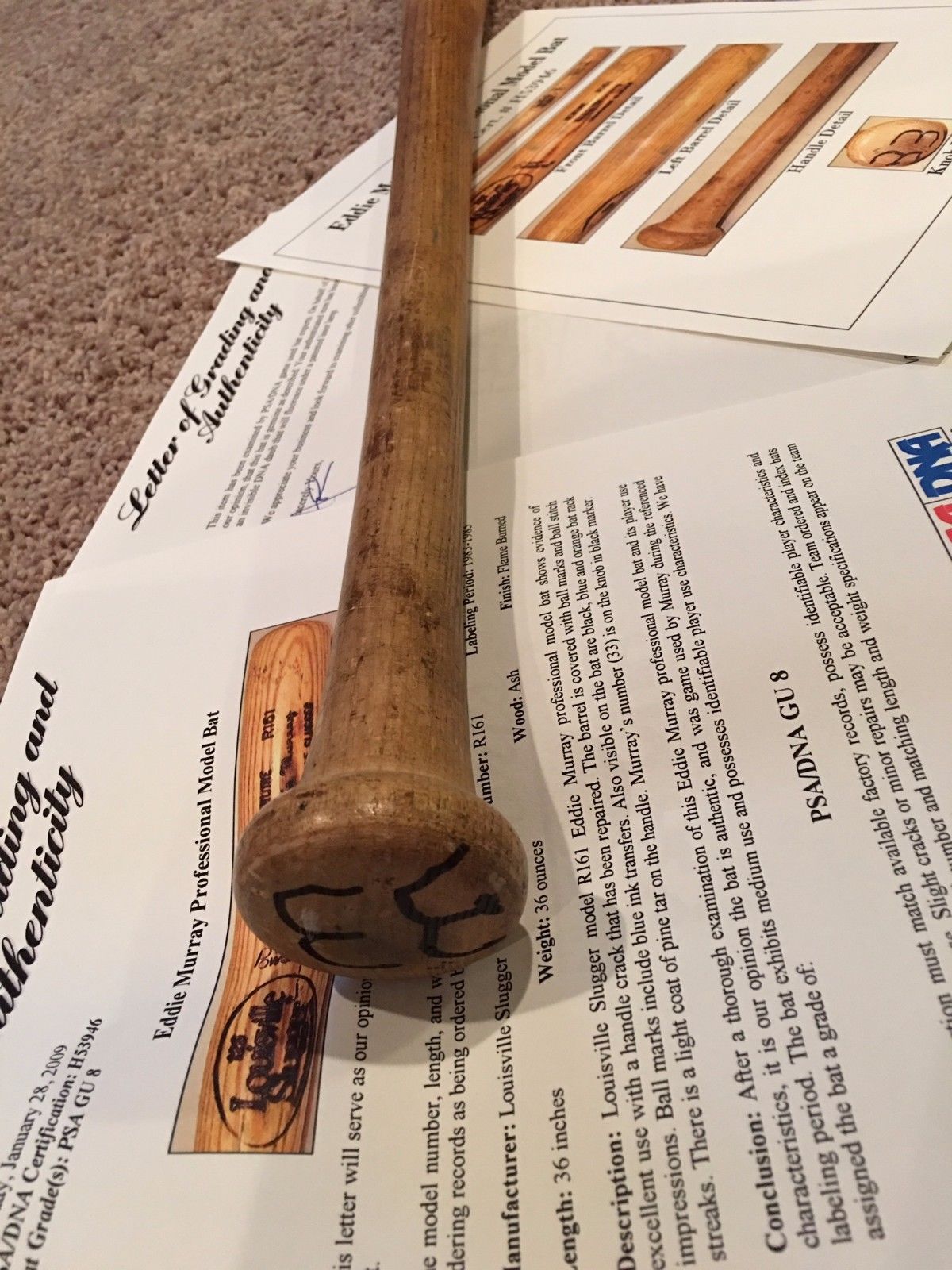 Baltimore Orioles 1980s Game Used Baseball Bat from HOF Eddie Murray PSA 8