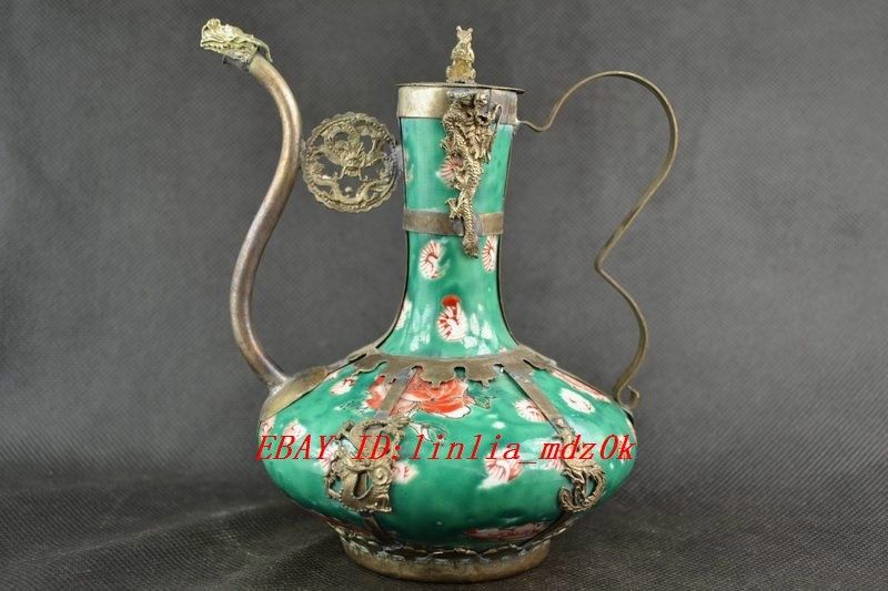 Chinese Old Handwork Silver Jade Dragon Monkey Teapot Q360