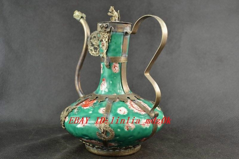 Chinese Old Handwork Silver Jade Dragon Monkey Teapot Q360