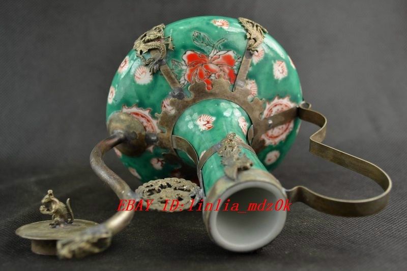 Chinese Old Handwork Silver Jade Dragon Monkey Teapot Q360