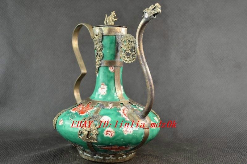 Chinese Old Handwork Silver Jade Dragon Monkey Teapot Q360