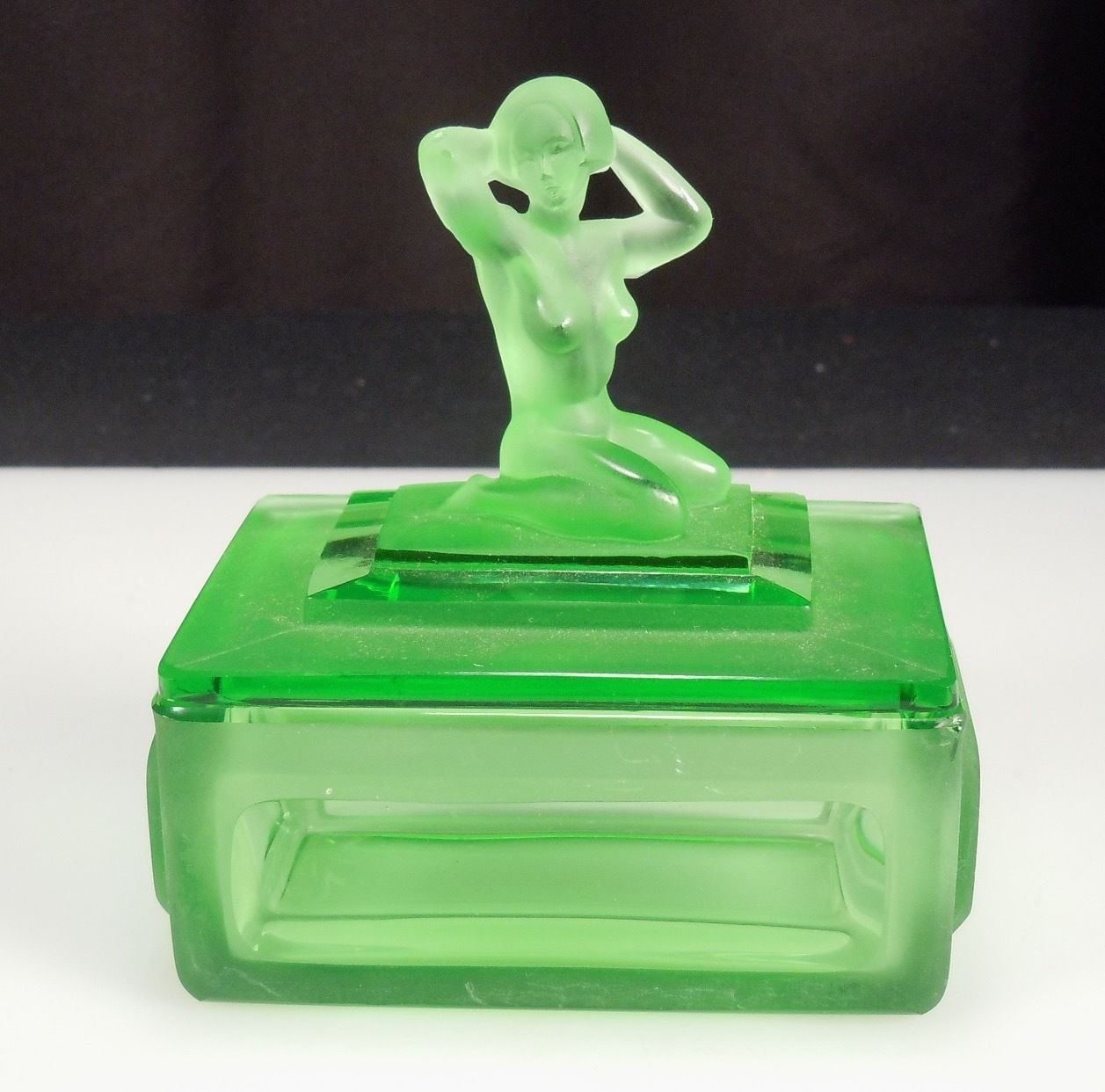 Vintage Art Deco Green Glass Box w/ Lady