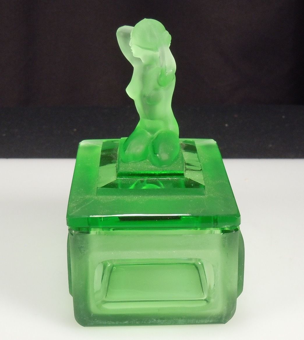 Vintage Art Deco Green Glass Box w/ Lady