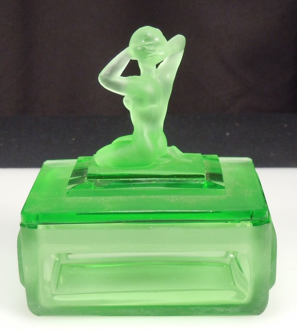 Vintage Art Deco Green Glass Box w/ Lady