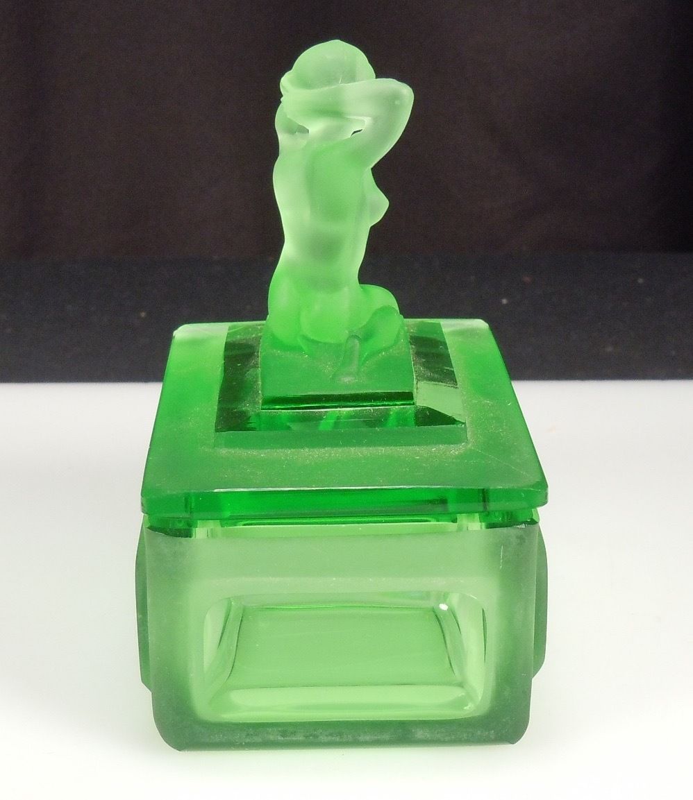 Vintage Art Deco Green Glass Box w/ Lady