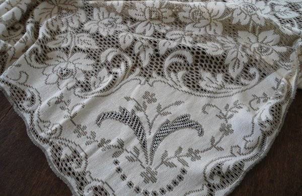 Vintage Beige French Lace Tablecloth Embroidered Nottingham Floral Deco 64"