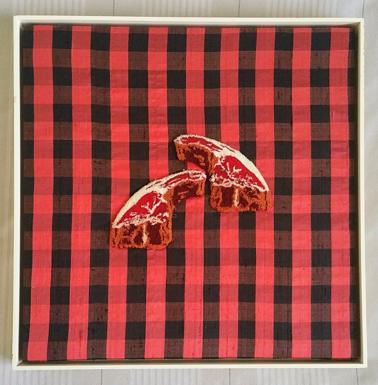 1995 ORIGINAL SIGNED GEORGE STOLL "LAMB CHOPS ON HUNTERS PLAID" FRAMED TAPESTRY