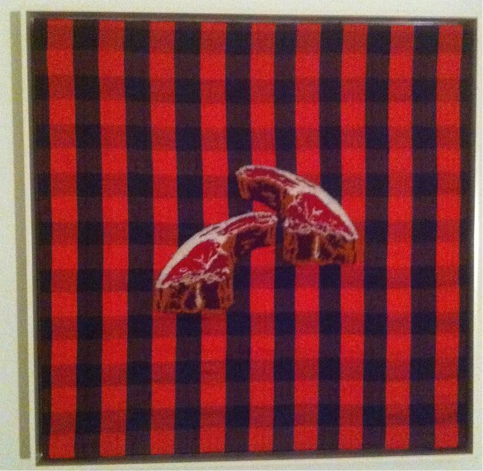 1995 ORIGINAL SIGNED GEORGE STOLL "LAMB CHOPS ON HUNTERS PLAID" FRAMED TAPESTRY