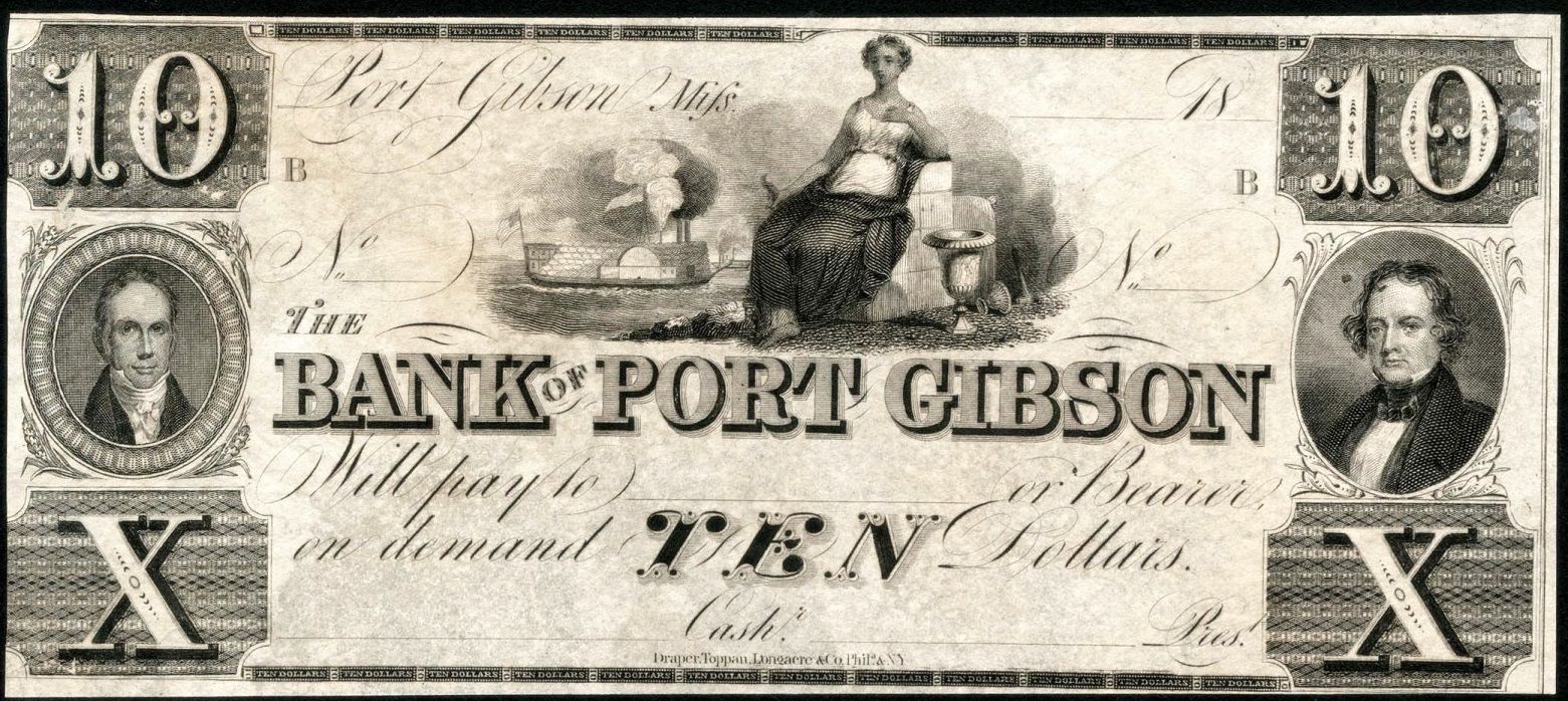 1830's BANK OF PORT GIBSON, MISSISSIPPI $10 CURRENCY NOTE - SUPER CRISP & BRIGHT