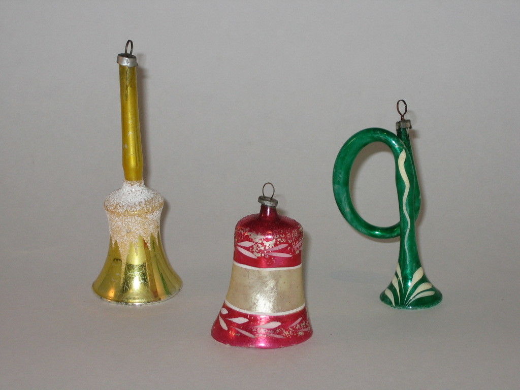 Antique Bell Glass Horn Japan Christmas Ornament West German Vintage 1950's