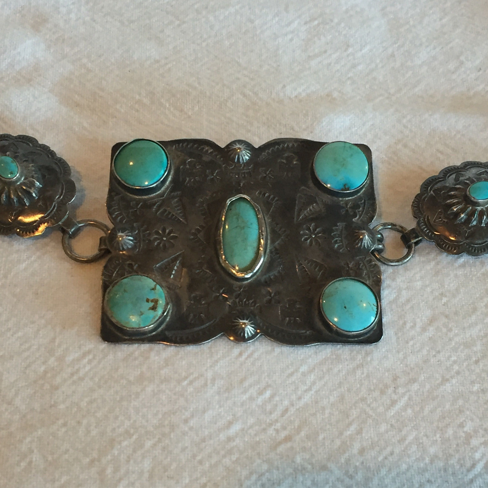 Old Pawn Harvey Era NAVAJO Hand Stamped Sterling Silver TURQUOISE Concho BELT