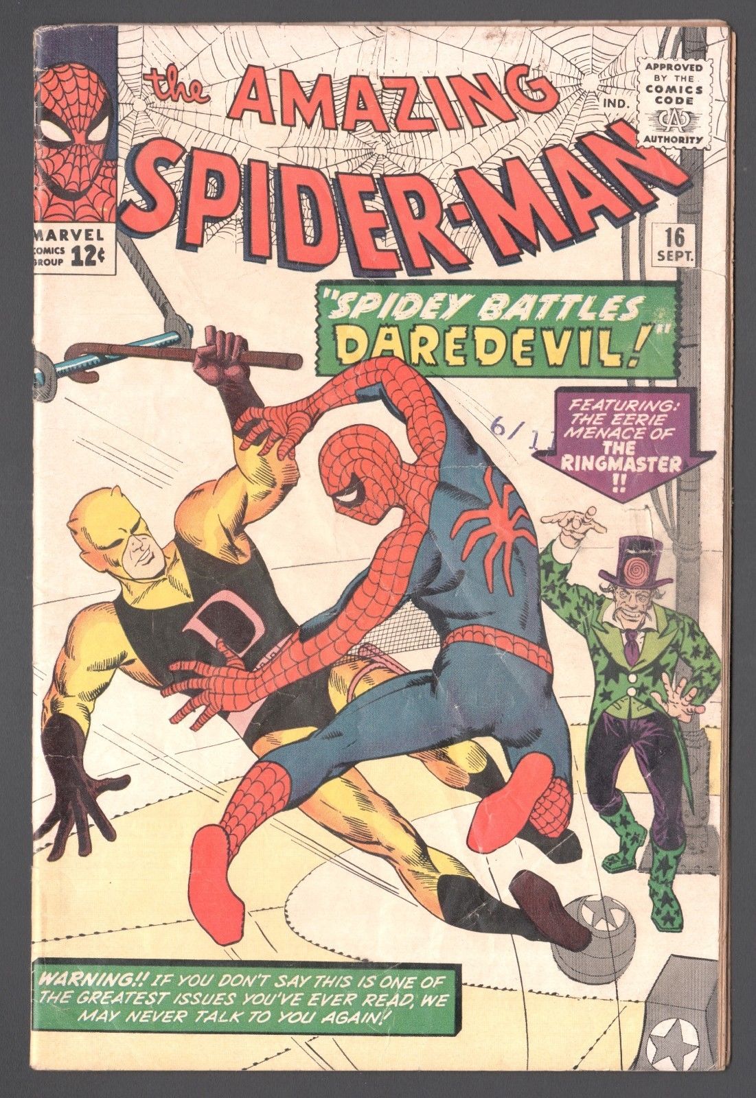 The Amazing Spider-Man #16 (1963 Series) Yellow Costume Daredevil Sep 1964 VG-