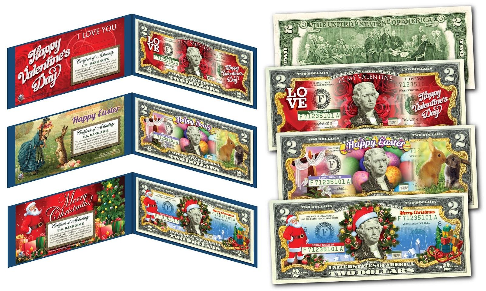 Set of 3 HOLIDAY Official Legal Tender U.S. $2 Bills   XMAS / VALENTINE / EASTER