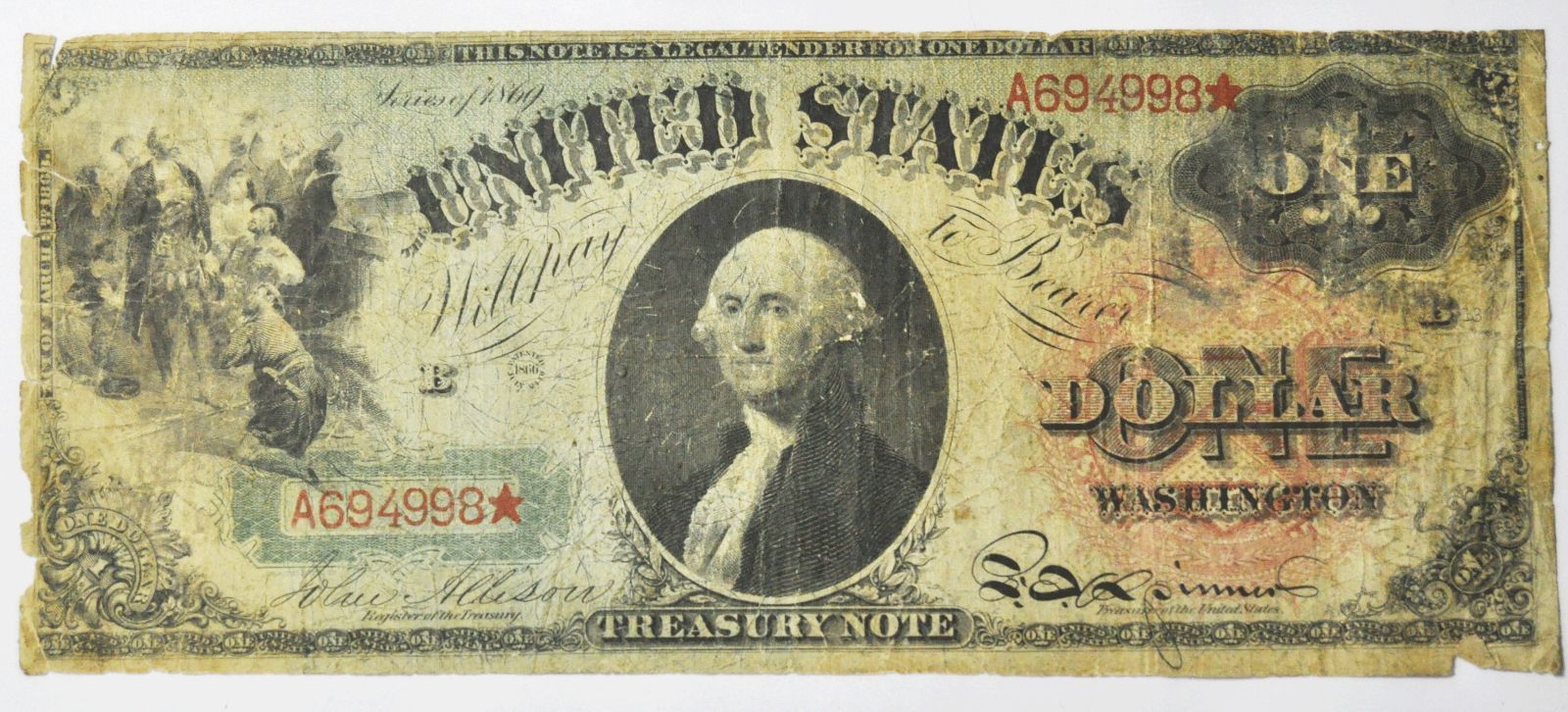 1869 $1 Legal Tender Large Note Washington Rainbow Fr#18 A694998*