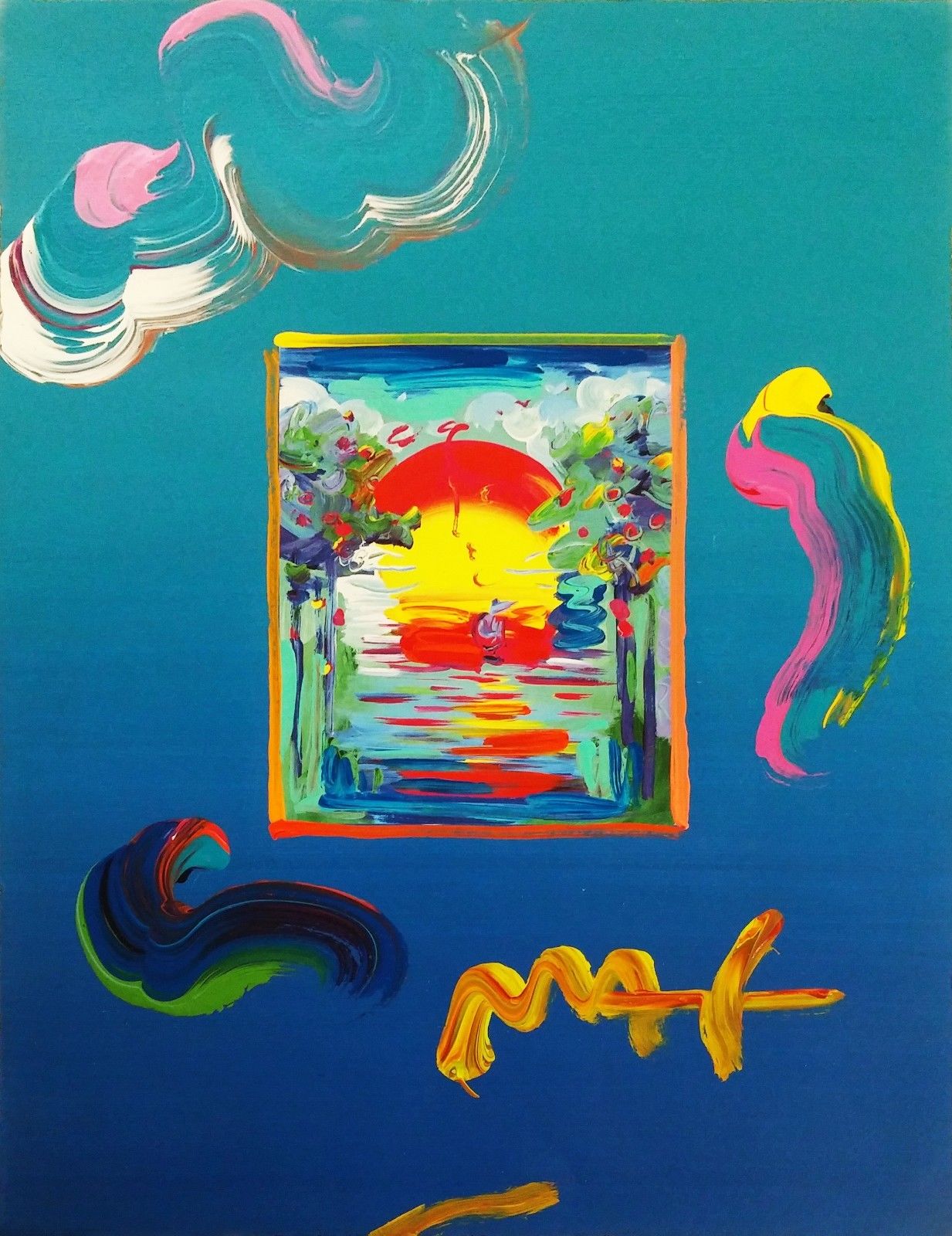 PETER MAX "WITHOUT BORDERS" (OVERPAINT) 2010 | UNIQUE MIXED MEDIA 16X12" GALLART