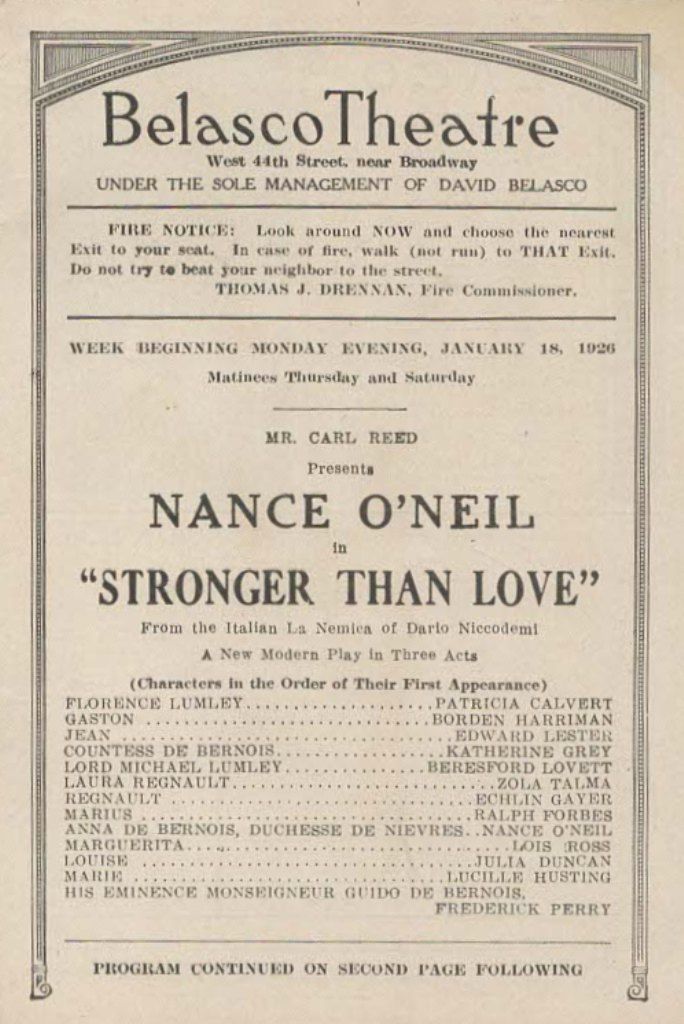 *LIZZIE BORDEN'S LESBIAN LOVER: NANCE O'NEIL RARE 1926 THEATRE PROGRAM*