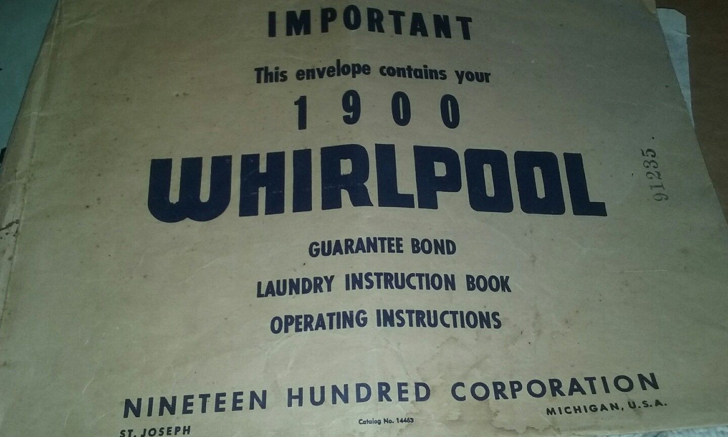 Vintage whirlpool  Wringer Washer Manual ~ model 91135 91235 original envelope!