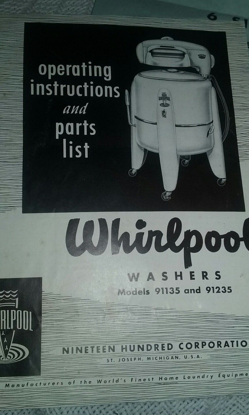 Vintage whirlpool  Wringer Washer Manual ~ model 91135 91235 original envelope!