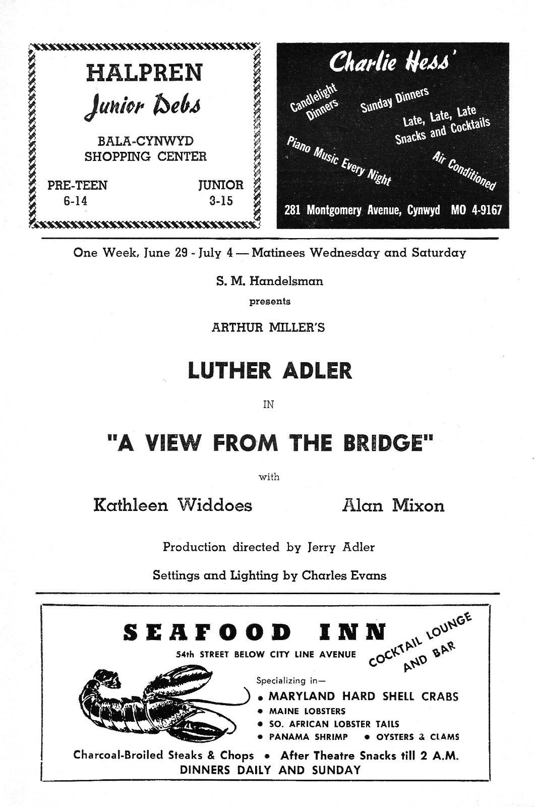 Arthur Miller's "A VIEW FROM THE BRIDGE" Luther Adler 1959 Philadelphia Playbill