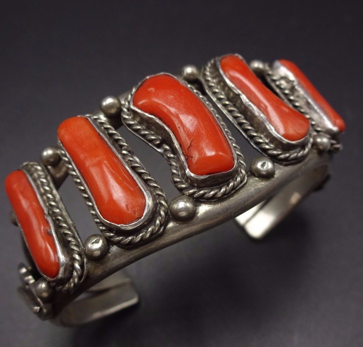 Vintage NAVAJO Sterling Silver & Old Red Mediterranean CORAL Cuff BRACELET Small