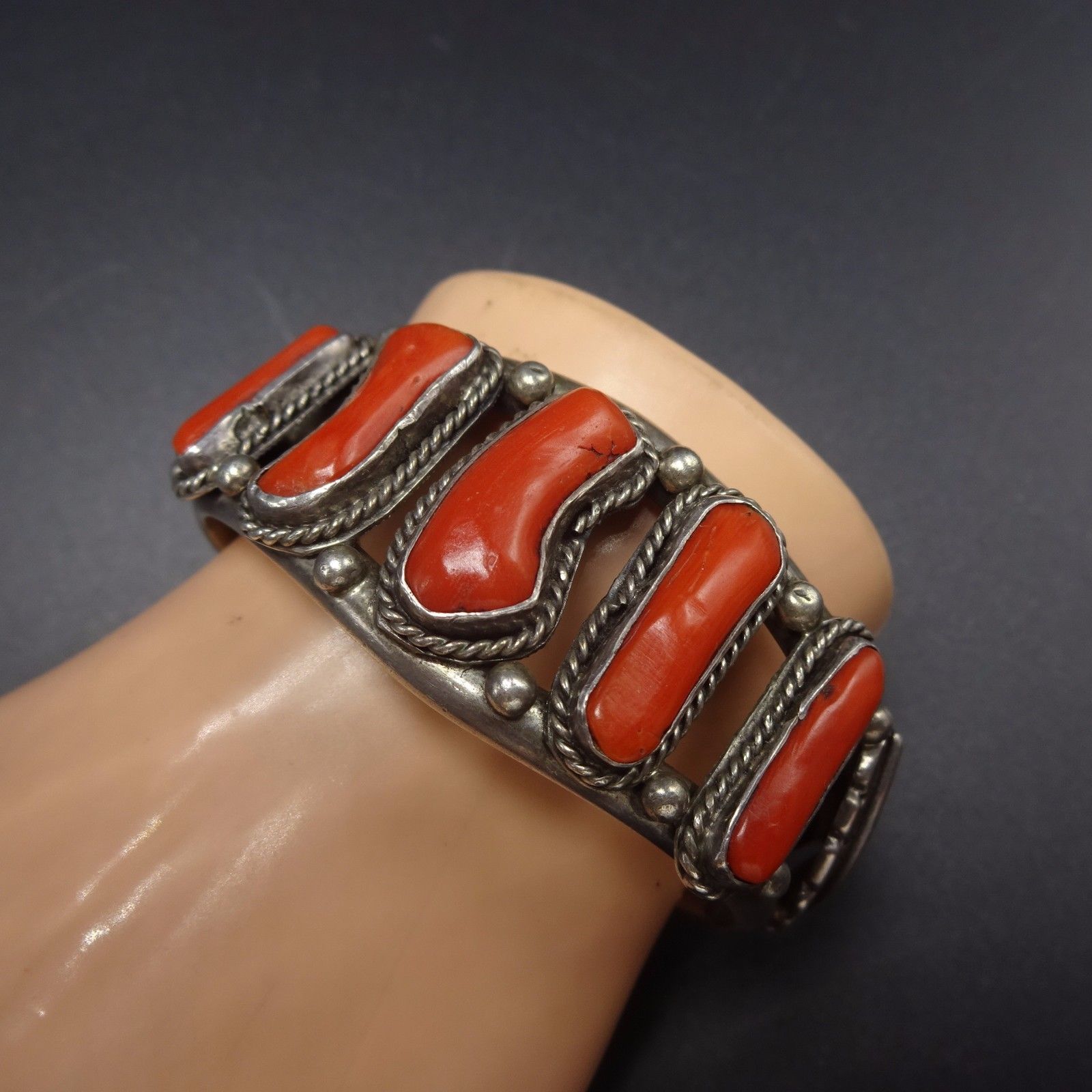 Vintage NAVAJO Sterling Silver & Old Red Mediterranean CORAL Cuff BRACELET Small