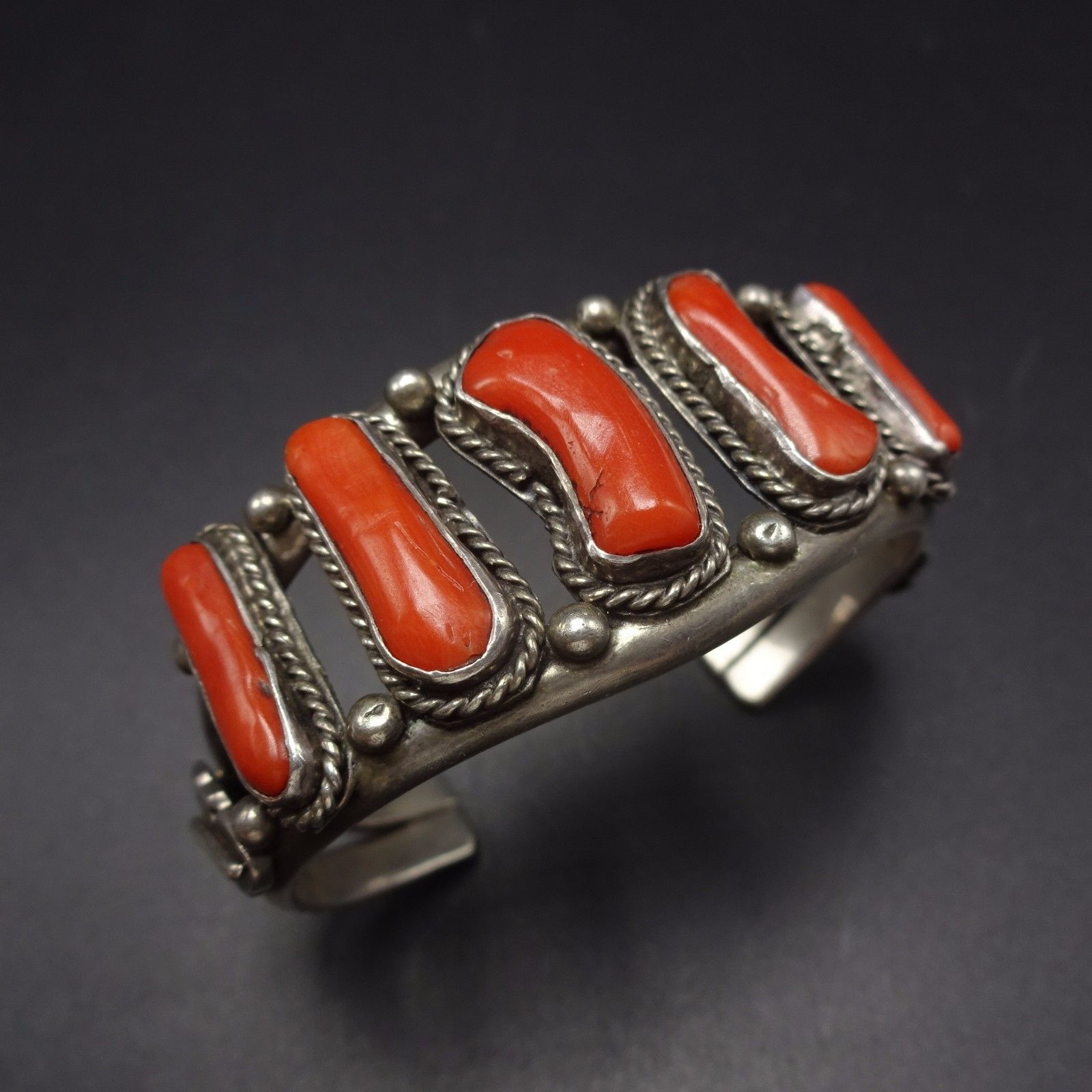 Vintage NAVAJO Sterling Silver & Old Red Mediterranean CORAL Cuff BRACELET Small