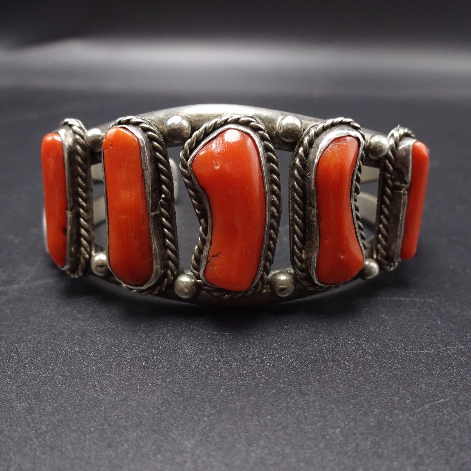 Vintage NAVAJO Sterling Silver & Old Red Mediterranean CORAL Cuff BRACELET Small