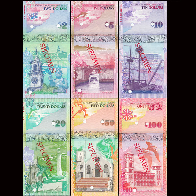 Bermuda Full Set 6 PCS, 2+5+10+20+50+100 Dollars, 2009, P52-62, UNC>Specimen set