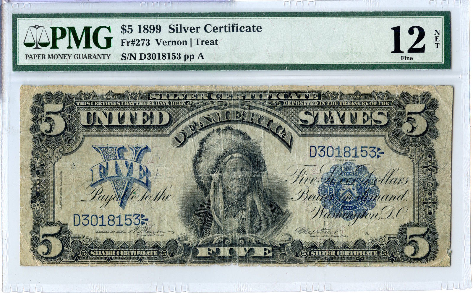 1899 $5 Indian Chief Silver Certificate Note / Currency PMG 12 Certified - JX035