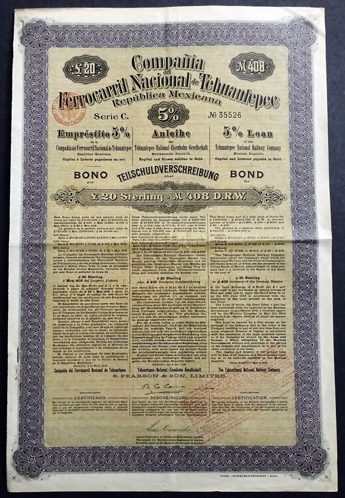 1905 Mexico: Tehuantepec National Railway Co. - uncancelled Gold Bond w/ coupons