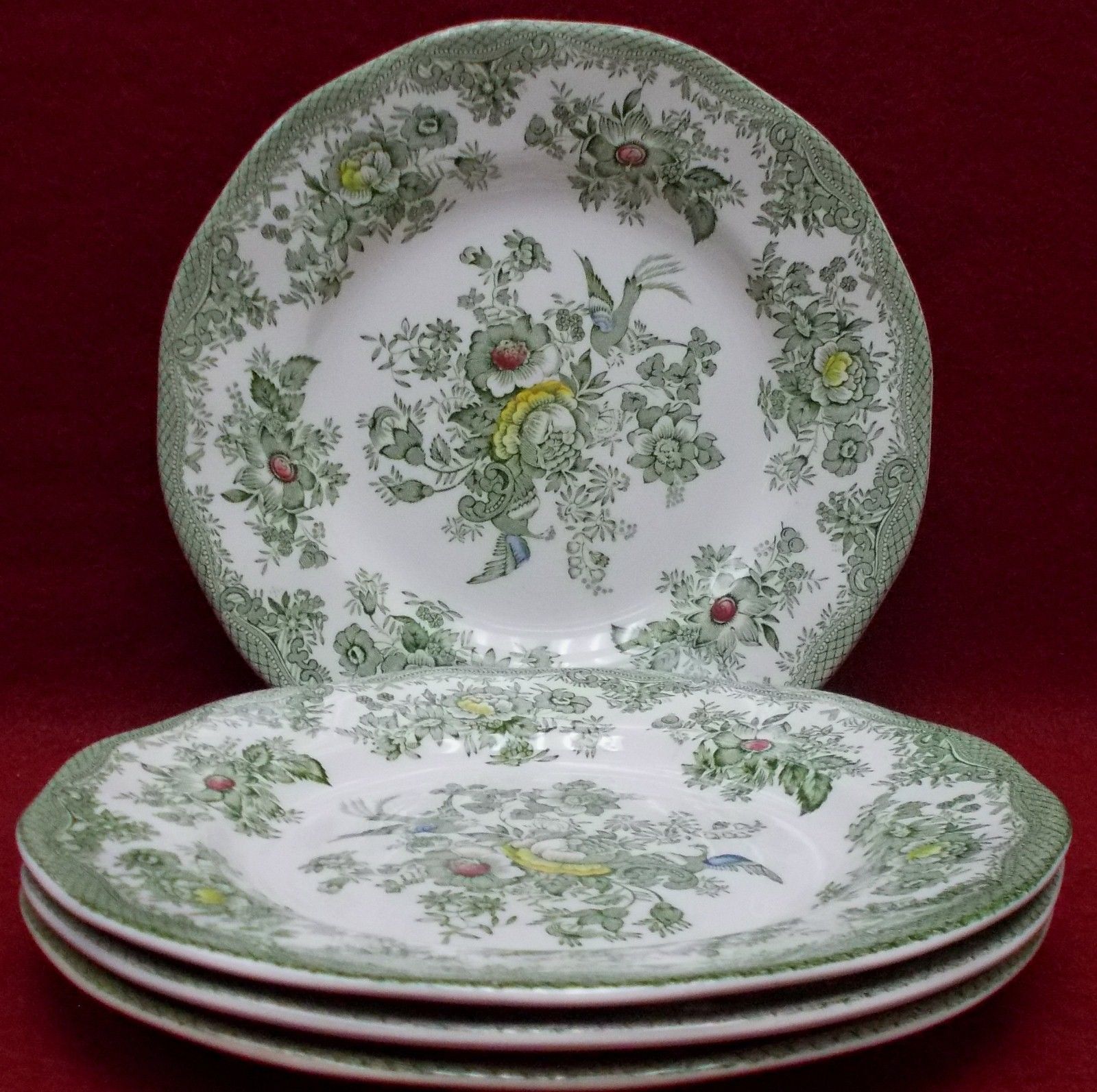 WEDGWOOD china KENT Green/Multicolor pattern Set of 4 Dessert Plates  7" crazed