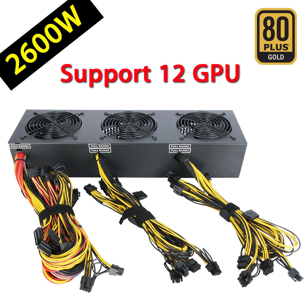 2600W Modular 80 Plus Gold Power Supply For 12 GPU Ethereum Bitcoin Mining Miner