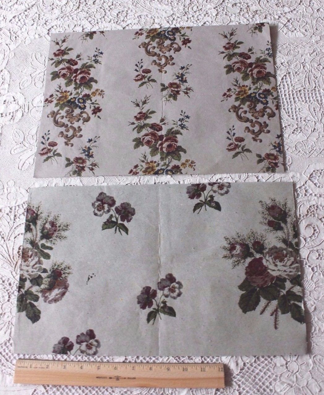 2 Antique French 1860-70 Victorian Wallpaper Or Chintz HandBlocked Paper Samples