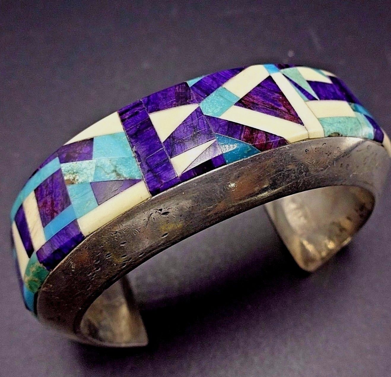 Signed Vintage NAVAJO Sterling Silver SUGILITE & TURQUOISE Inlay Cuff BRACELET