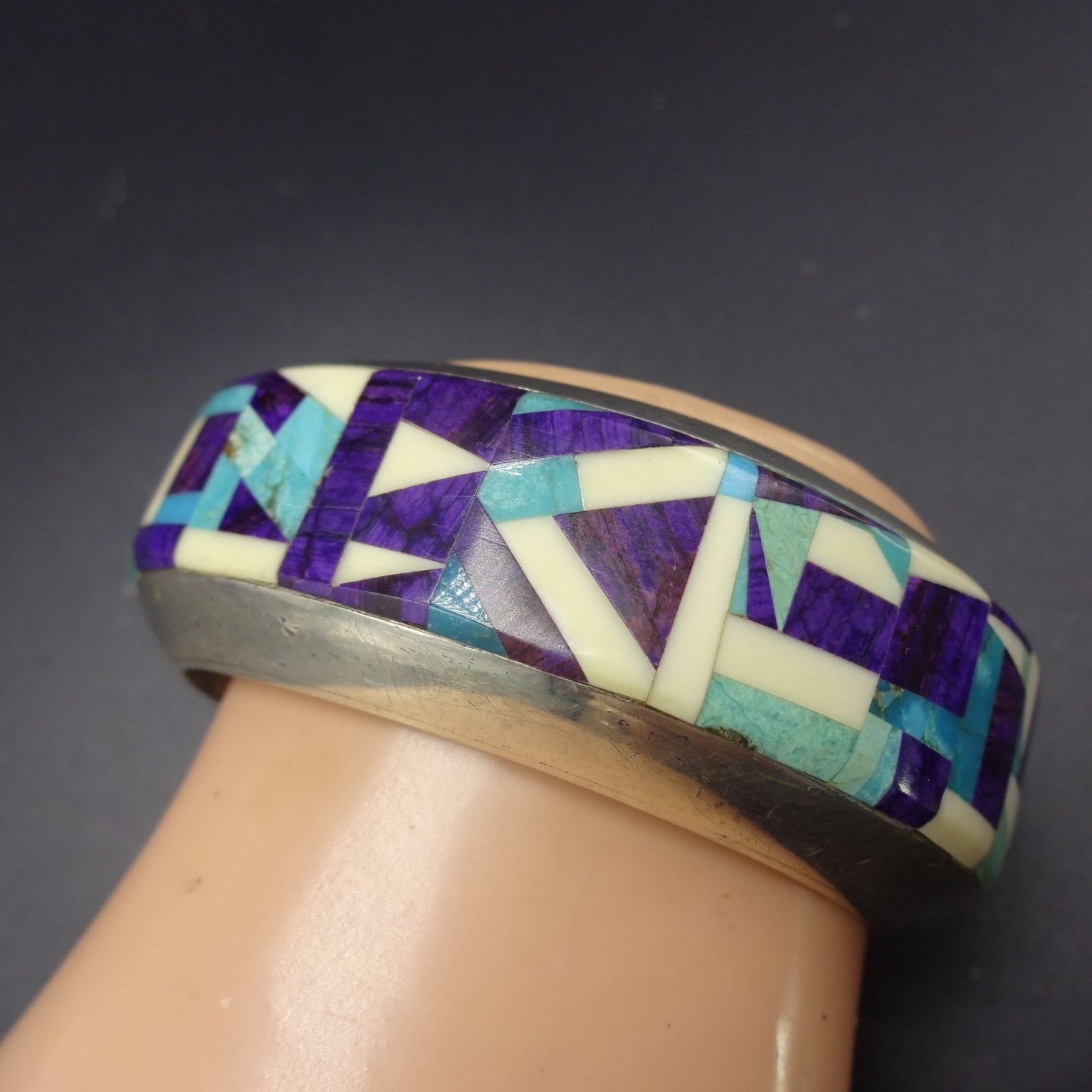 Signed Vintage NAVAJO Sterling Silver SUGILITE & TURQUOISE Inlay Cuff BRACELET