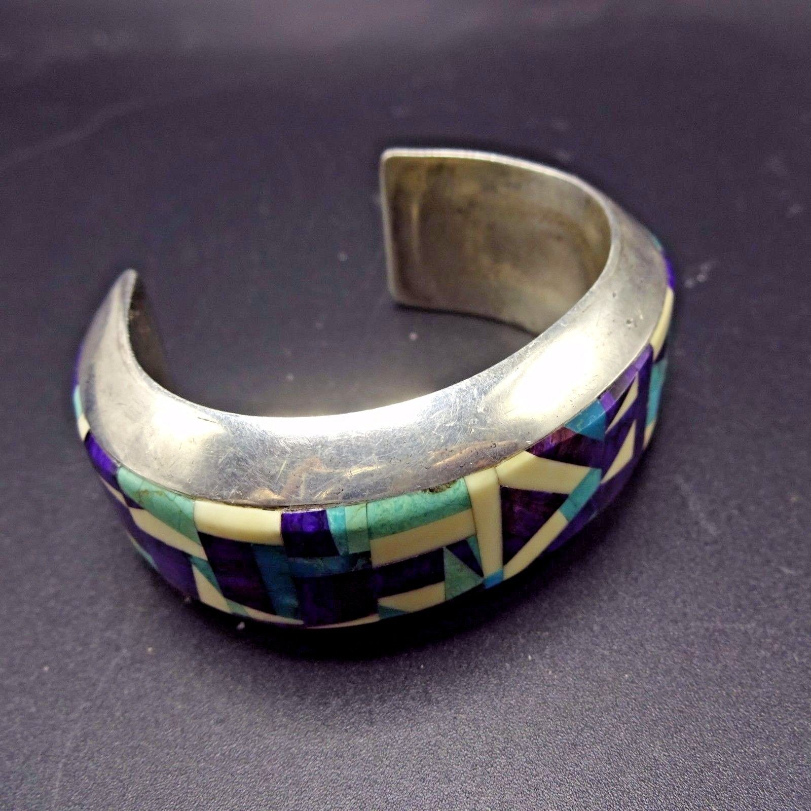 Signed Vintage NAVAJO Sterling Silver SUGILITE & TURQUOISE Inlay Cuff BRACELET