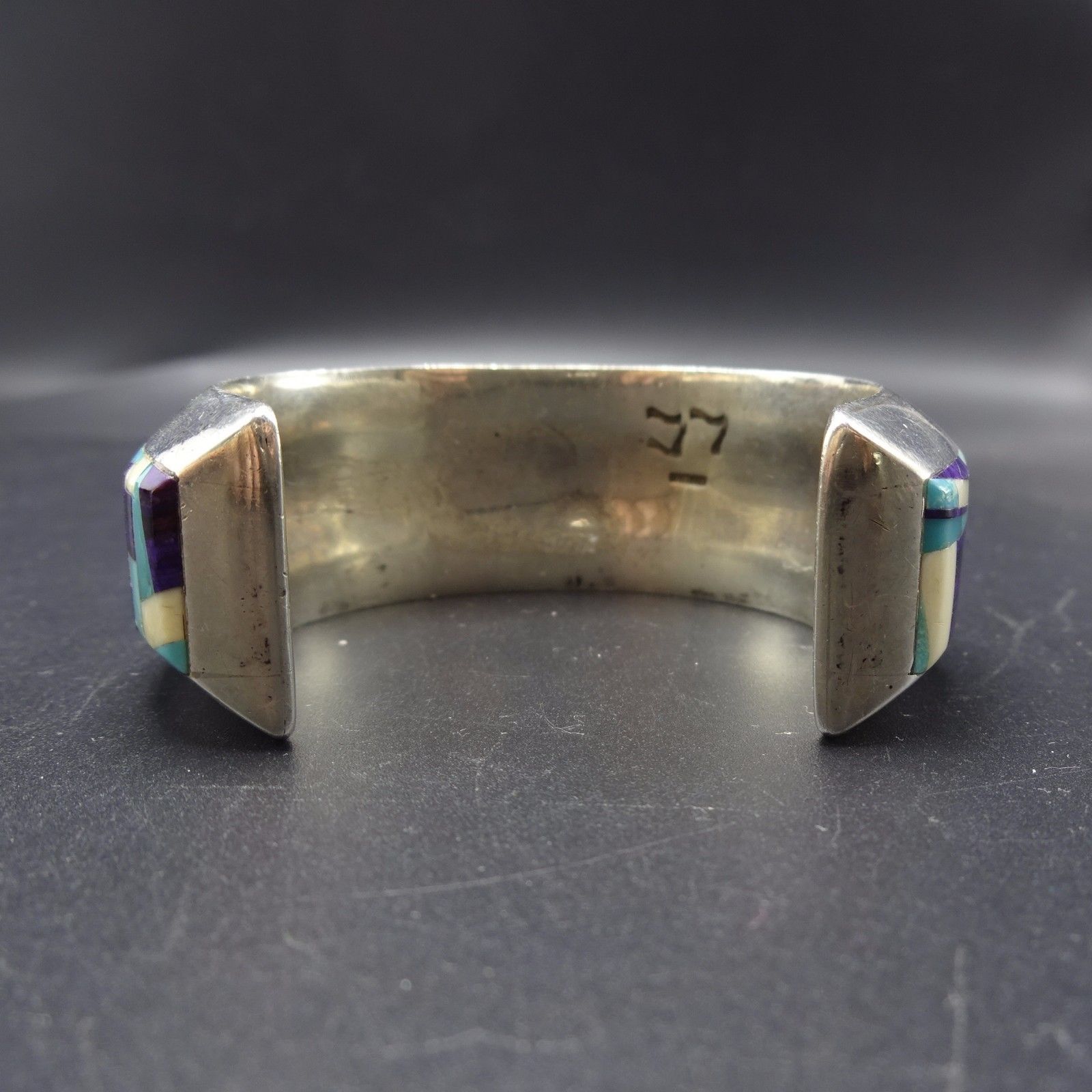 Signed Vintage NAVAJO Sterling Silver SUGILITE & TURQUOISE Inlay Cuff BRACELET