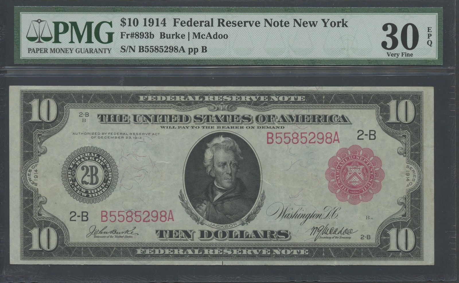 FR893B $10 1914 FRN RED SEAL NEW YORK PMG VF 30 EPQ WL9215