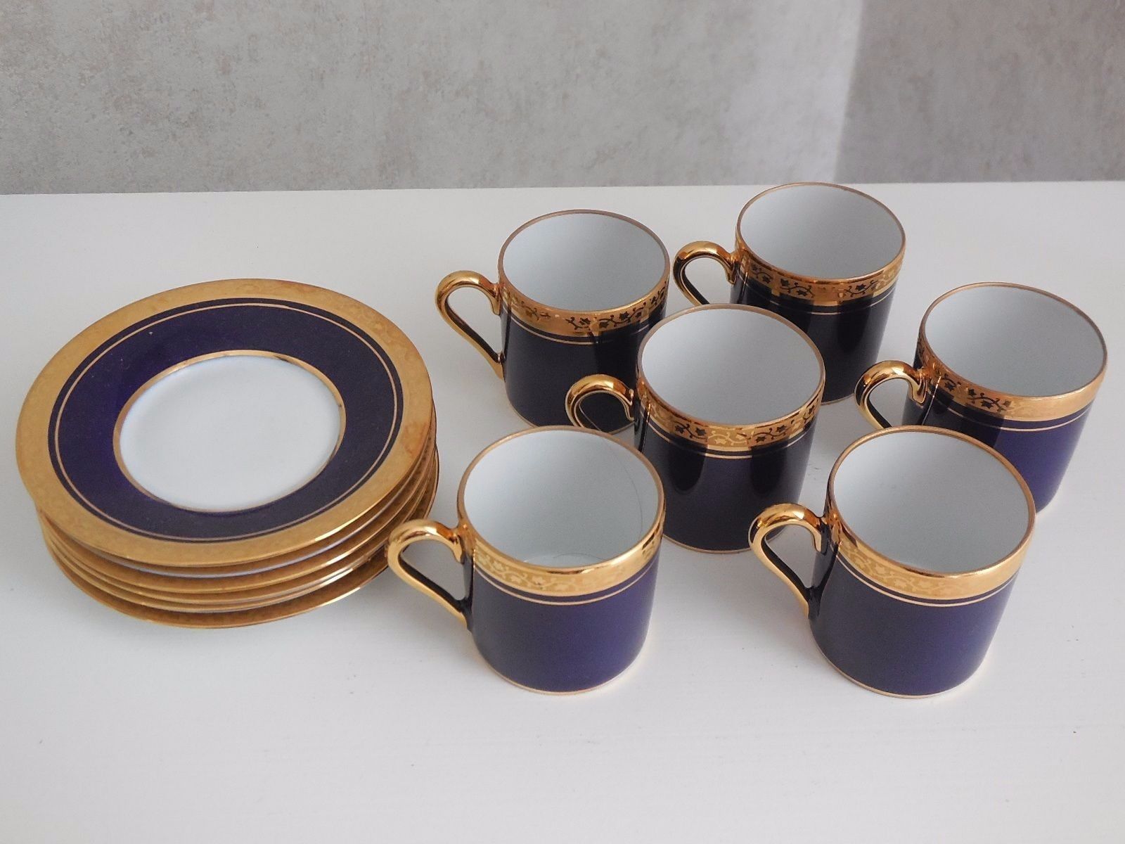 VINTAGE FRENCH 6 CUPS & SAUCERS SET signed LIMOGES LA SEYNIE -BLUE COBALT & GOLD