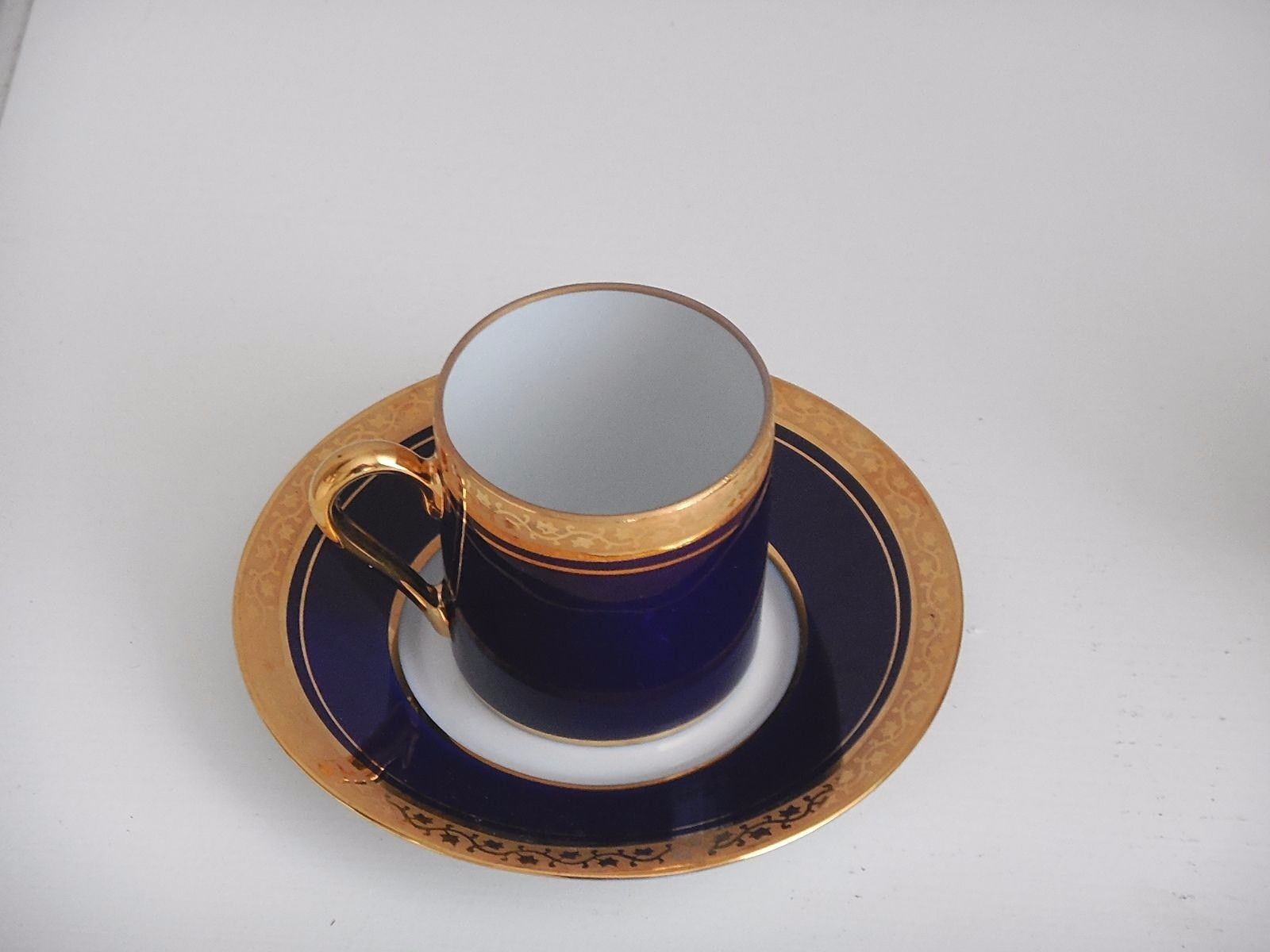 VINTAGE FRENCH 6 CUPS & SAUCERS SET signed LIMOGES LA SEYNIE -BLUE COBALT & GOLD